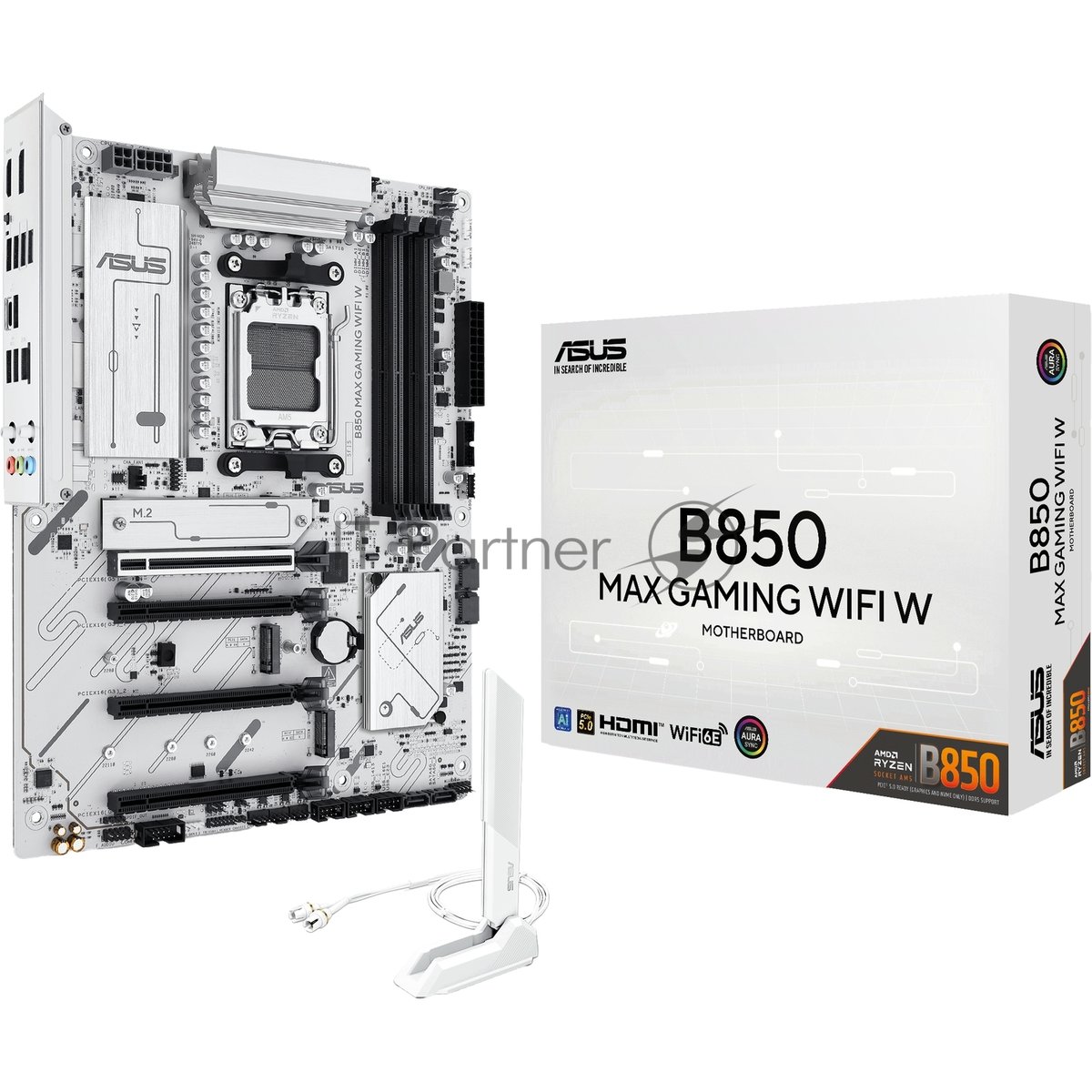 Материнская плата ASUS B850 MAX GAMING WIFI W, AM5, AMD B850, 4xDDR5, 4xSATA, 3xM.2, 1xPCIe 5.0 x16, 1xPCIe 4.0 x4, 2xPCIe 3.0 x1, DisplayPort, HDMI, 1x2.5Gb LAN, USB Type-C, 3x3.5 мм, 7.1, ATX