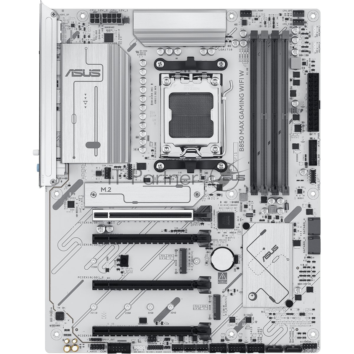 Материнская плата ASUS B850 MAX GAMING WIFI W, AM5, AMD B850, 4xDDR5, 4xSATA, 3xM.2, 1xPCIe 5.0 x16, 1xPCIe 4.0 x4, 2xPCIe 3.0 x1, DisplayPort, HDMI, 1x2.5Gb LAN, USB Type-C, 3x3.5 мм, 7.1, ATX