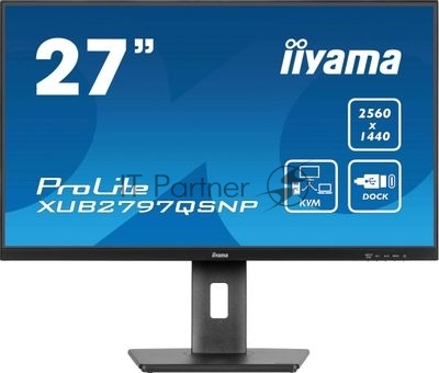 Монитор 27" Iiyama ProLite XUB2797QSNP-B1 IPS QHD, 100 Гц, 1 мс (MPRT), 16:9, 300 кд/м², HDMI 2.0, DP 1.4, USB-C (96 Вт PD), встроенные динамики (2x2 Вт), KVM-модуль, поворотная подставка, черный