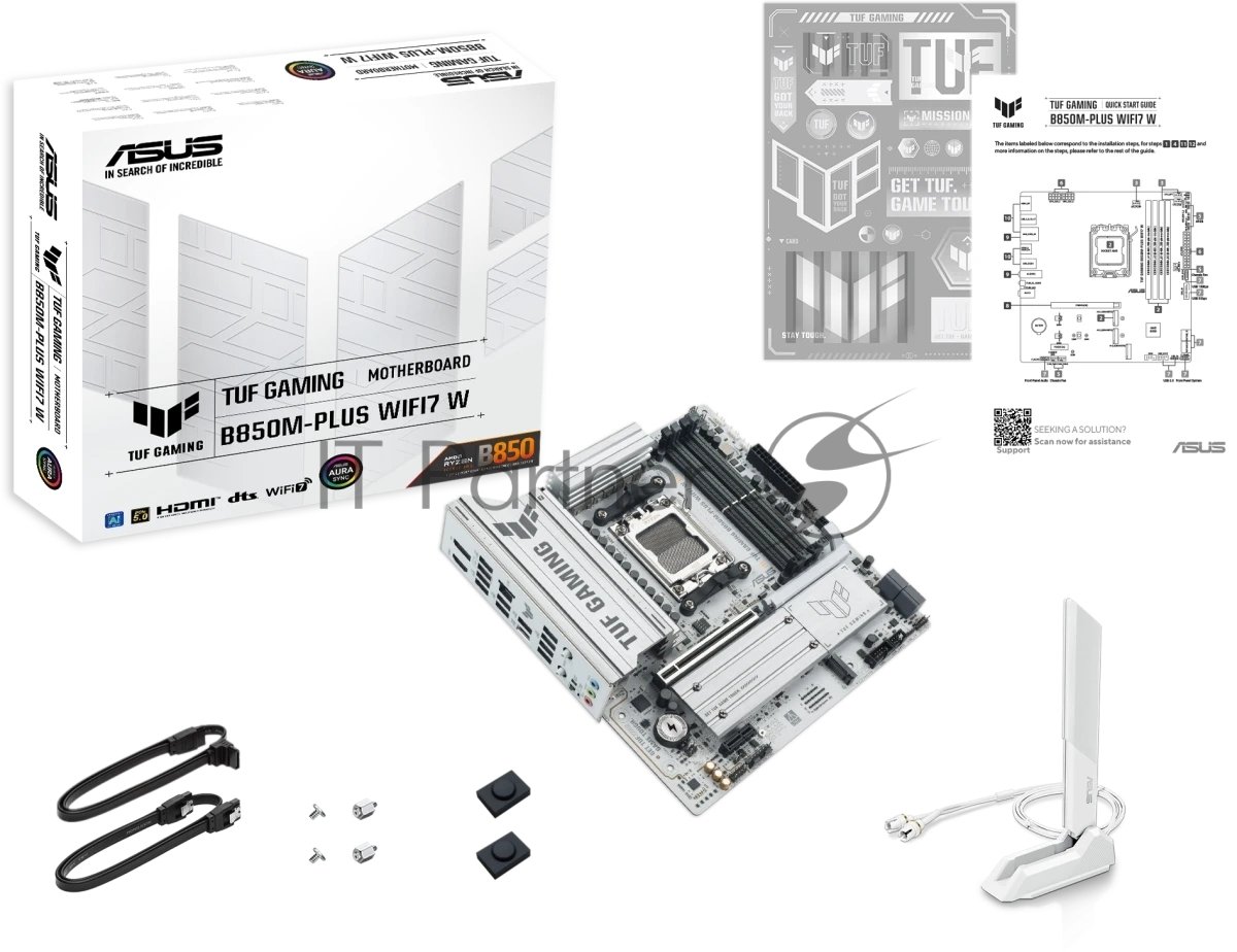 Материнская плата Asus TUF GAMING B850M-PLUS WIFI7 W, AM5, AMD B850, 4xDDR5, 4xSATA, 3xM.2, 1xPCIe 5.0 x16, 1xPCIe 3.0 x1, 1xDP, 1xHDMI, 1x2.5Gb LAN, Wi-Fi 7, Bluetooth 5.4, 1xUSB-C 20Gbps, 3xUSB-A 10Gbps, 4xUSB-A 5Gbps, 4xUSB-A 2.0, 5x3.5 мм, 7.1, mATX