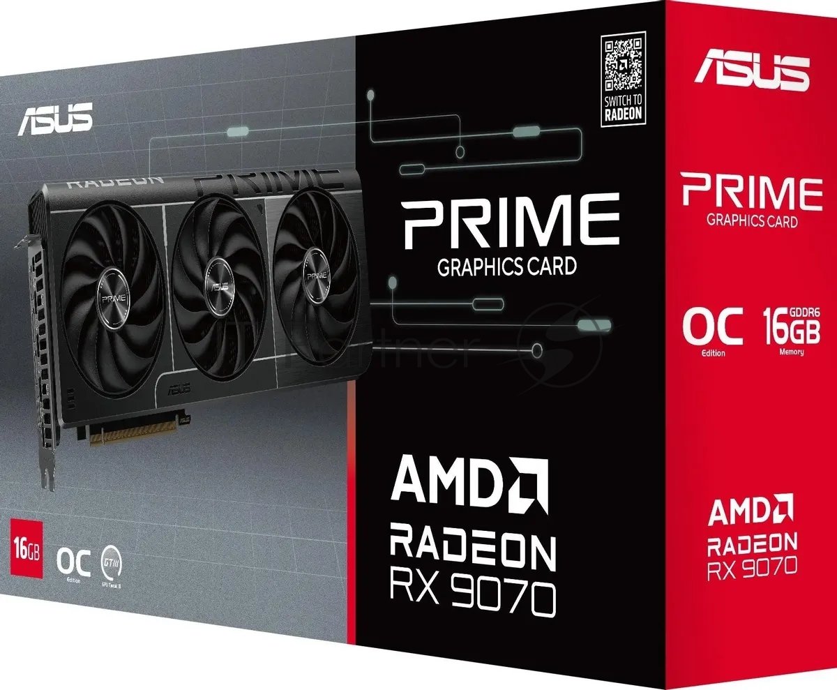 Видеокарта Asus AMD - Radeon RX 9070 PRIME OC, PCI-E 5.0, GDDR6 16GB 256bit, 1x HDMI, 3x DP, max 7680 x 4320 (8K), PRIME-RX9070-O16G-EVO