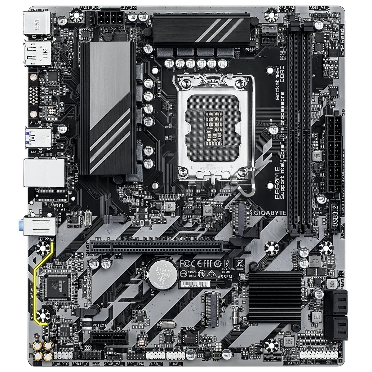 Материнская плата Gigabyte B860M-E, LGA 1851, Intel B860, 2xDDR5, 4xSATA, 2xM.2, 1xPCIe 4.0 x16, 1xPCIe x1, 1xHDMI, 1xDP, 1x1Gb LAN, 4xUSB-A 5Gbps, 2xUSB-A 2.0, 1xPS/2, 3x3.5 мм, 7.1, mATX
