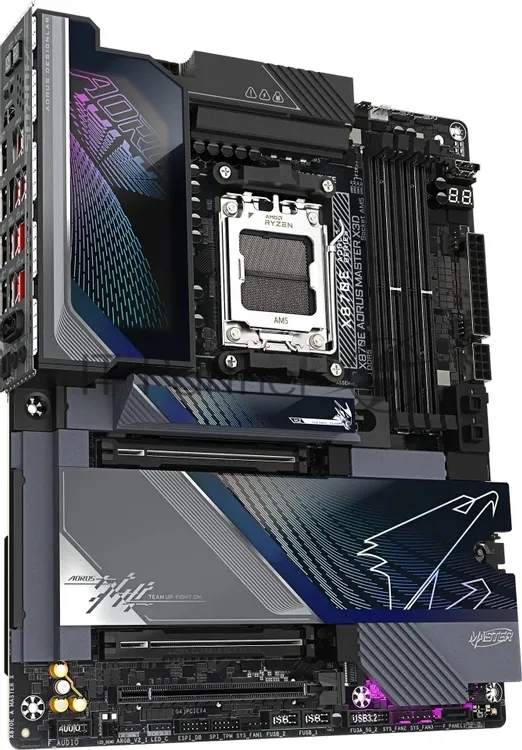 Материнская плата Gigabyte X870E AORUS MASTER X3D, AM5, AMD X870E, 4xDDR5, 2xSATA, 5xM.2 (2xPCIe 5.0 x4, 3xPCIe 4.0), 1xPCIe 5.0 x16, 1xPCIe 5.0 x16 (x8), 1xPCIe 4.0 x16 (x4), 1xHDMI, 2xUSB4 (40Gbps), 2xThunderbolt 4, 1xUSB 3.2 Gen 2x2 (20Gbps), 8xUSB 3.2 Gen 2 (10Gbps), 3x3.5 мм, 7.1, ATX