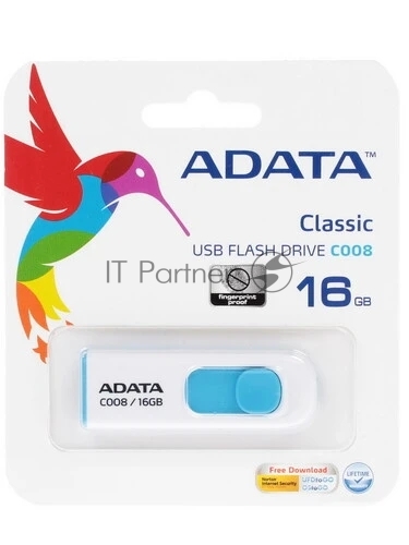 Флешка USB ADATA Classic C008 (AC008-16G-RWE), 16GB, USB 2.0, R/W 15/5, белый/голубой