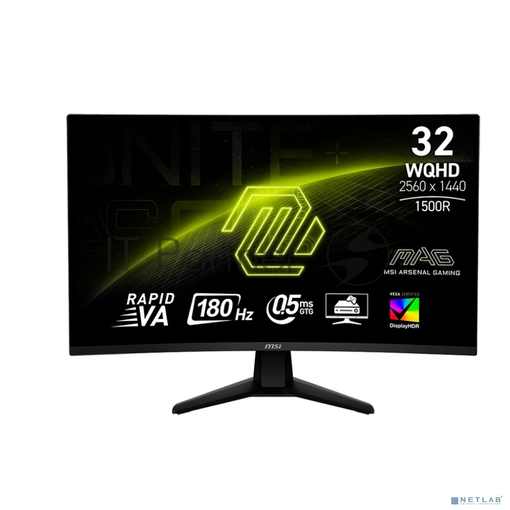 Монитор 31.5" MSI 32CQ6F VA 2560x1440, 180 Гц, 0.5 мс, 16:9, 400 кд/м², HDMI 2.0, DP 1.4, USB-C, 3.5 Jack, HDR10, Adaptive-Sync, изогнутый экран (1500R), черный