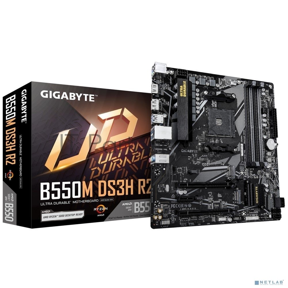 Материнская плата Gigabyte B550M DS3H R2, Socket AM4, AMD B550, 4xDDR4-3200, HDMI+DP, 2xPCI-Ex16, 1xPCI-Ex1, 4xSATA3(RAID 0/1/10), 1xM.2, 8 Ch Audio, GLan, (2+4)xUSB2.0, (4+2)xUSB3.2, (0+1)xUSB3.2 Type-C™, 1xPS/2, mATX, RTL bp (B550M DS3H R2 плохая упаковка)