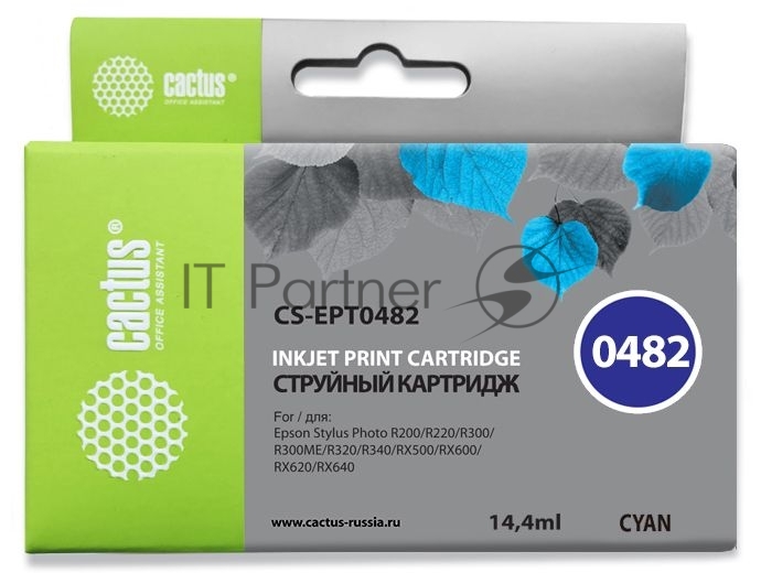 Картридж струйный Cactus CS-EPT0482 голубой (14.4 мл) для Epson Stylus Photo R200/R220/R300/R320/R340/RX500/RX600/RX620/RX640