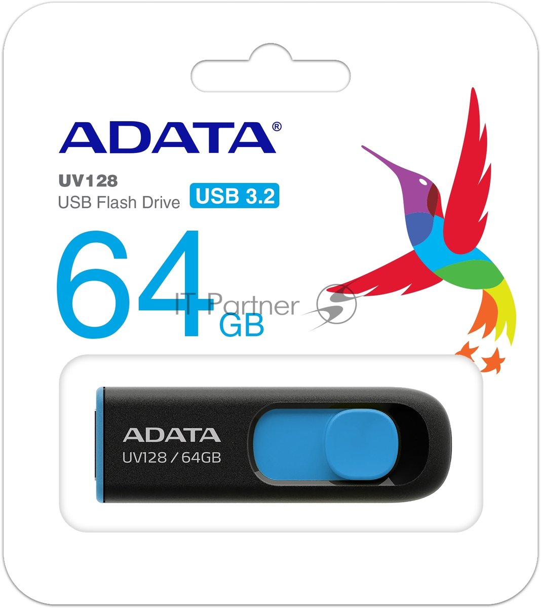Флешка USB ADATA UV128 (AUV128-64G-RBE), 64Gb, USB 3.0, R/W 100/30, черный/синий