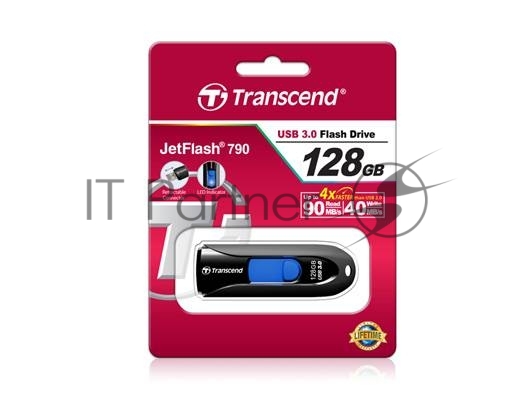 Флешка USB Transcend JetFlash 790 (TS128GJF790K), 128Gb, USB 3.0, R/W 90/40, черный/синий