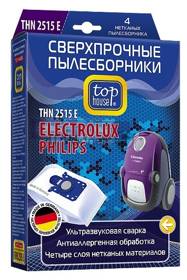 Комплект пылесборников Top House THN 2515 E сверхпр неткан 4шт д/пыл ELECTROLUX,PHILIPS