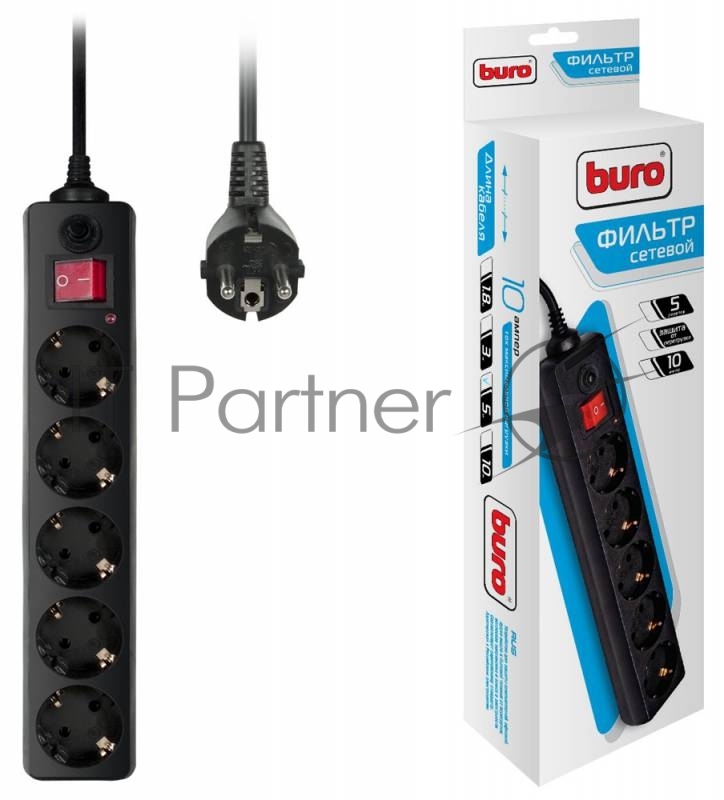 Сетевой фильтр Buro 500SH-5-B 5 м, 5 розеток, черный, коробка