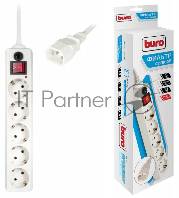 Сетевой фильтр Buro 500SH-1.8-UPS-W 1.8м, 5 розеток, белый, коробка