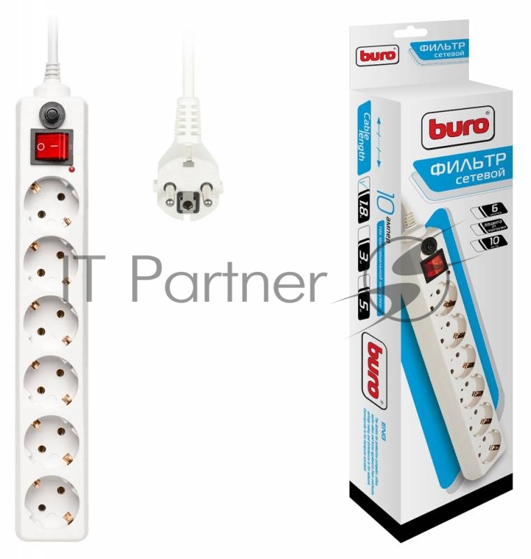 Сетевой фильтр Buro 600SH-1.8-W 1.8 м, 6 розеток, белый, коробка