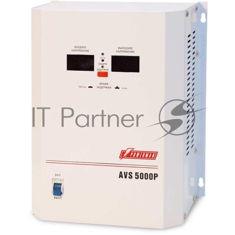 Стабилизатор POWERMAN AVS 5000P, ступенчатый регулятор, цифровые индикаторы уровней напряжения, 5000ВА, 110-260В, максимальный входной ток 32А, клеммная колодка, IP-20, навесной, 260мм х 220мм х 130мм, 9 кг./ Stabilizer POWERMAN AVS 5000P, step-type regul