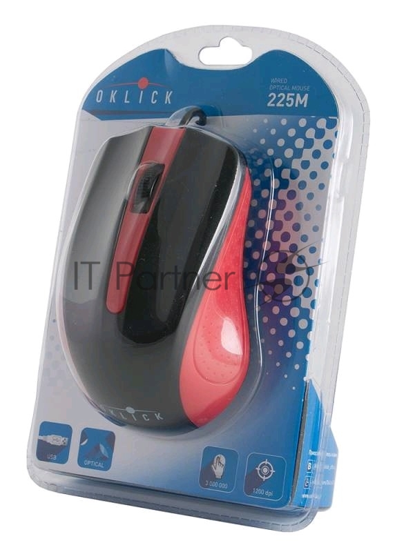 Мышь проводная Oklick 225M черный/красный, 1200 dpi, USB, кнопки - 3