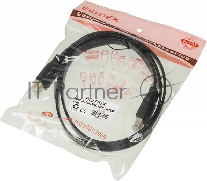 Кабель HDMI High Speed 335136, ver.1.4, 1м, плоский, черный