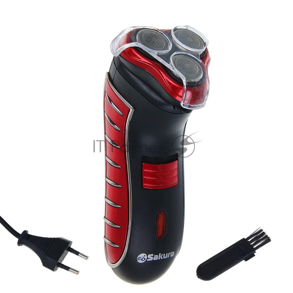 Электробритва Sakura SA-5414RB красно-черный(Бритва электрическая, сухое бритье, работа от аккумулятора. 3 бреющие головки. Индикатор заряда батарейки. Защитная крышка. Щеточка для очистки.)