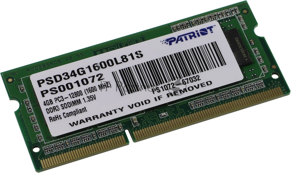 Оперативная память Patriot, DDR3L, 4GB (1x4 GB), 1600 MHz, CL11, SO-DIMM