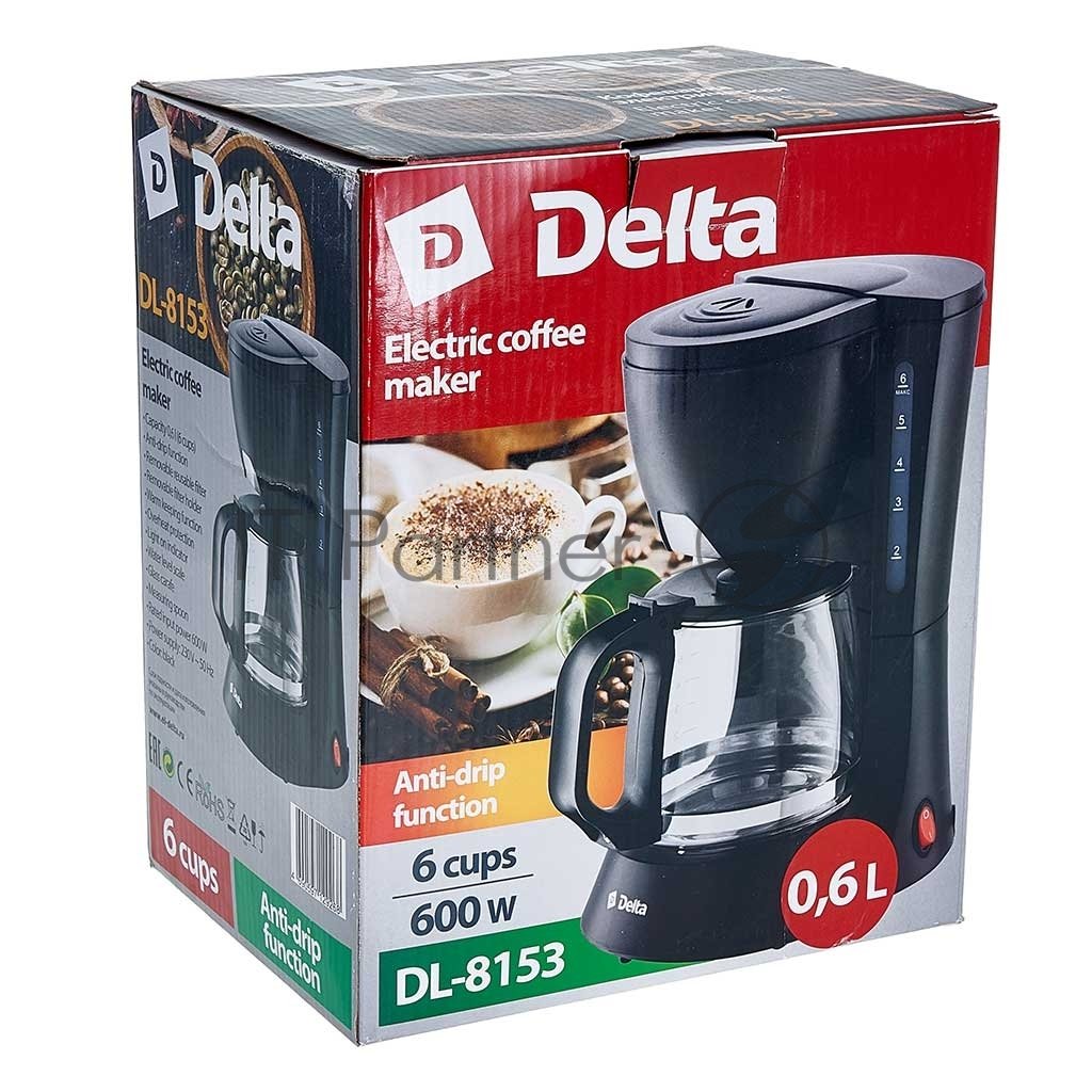 Кофеварка капельная Delta DL-8153 черный, исп. кофе - молотый, 0,6 л, 600 Вт