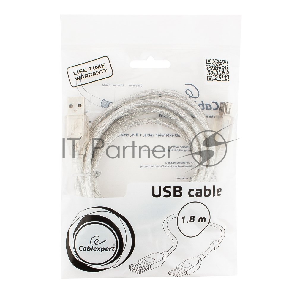 Кабель-удлинитель USB2.0 Pro Cablexpert CCF-USB2-AMAF-TR-6, AM/AF, 1,8м, экран, 2феррит.кольца, прозрачный, пакет
