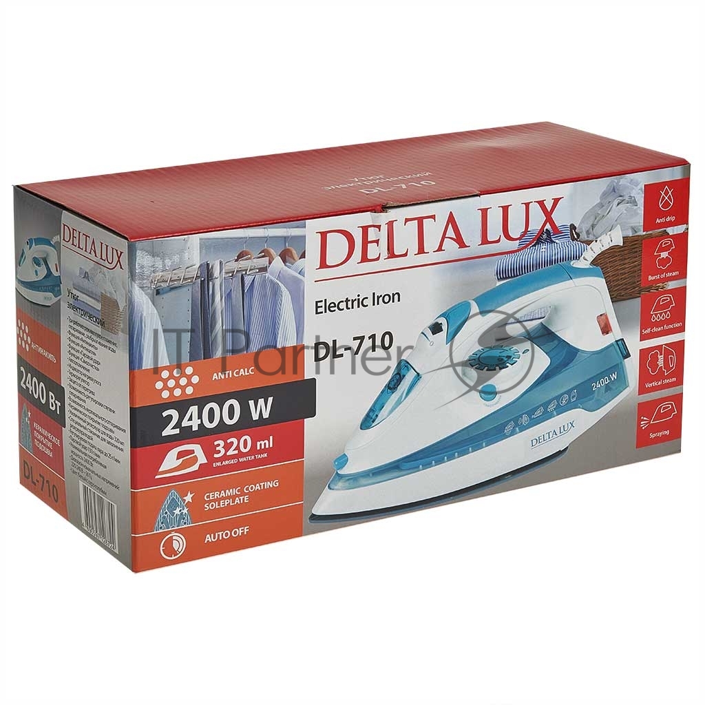 Утюг Delta LUX DL-710 белый с серо-голубым, 2400 Вт, 25 г/мин, 130 г/мин, 320 мл