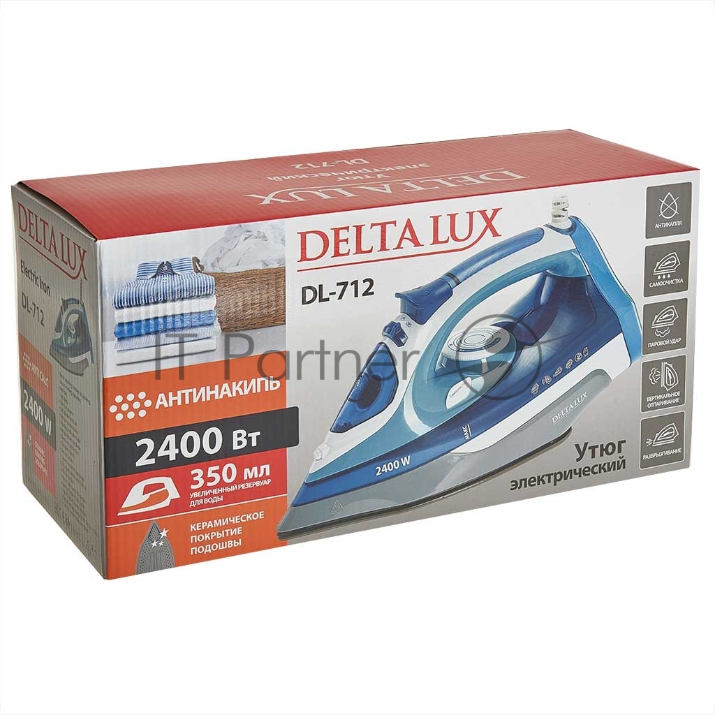 Утюг Delta LUX DL-712 белый с серо-голубым, 2400 Вт, 30 г/мин, 150 г/мин, 350 мл