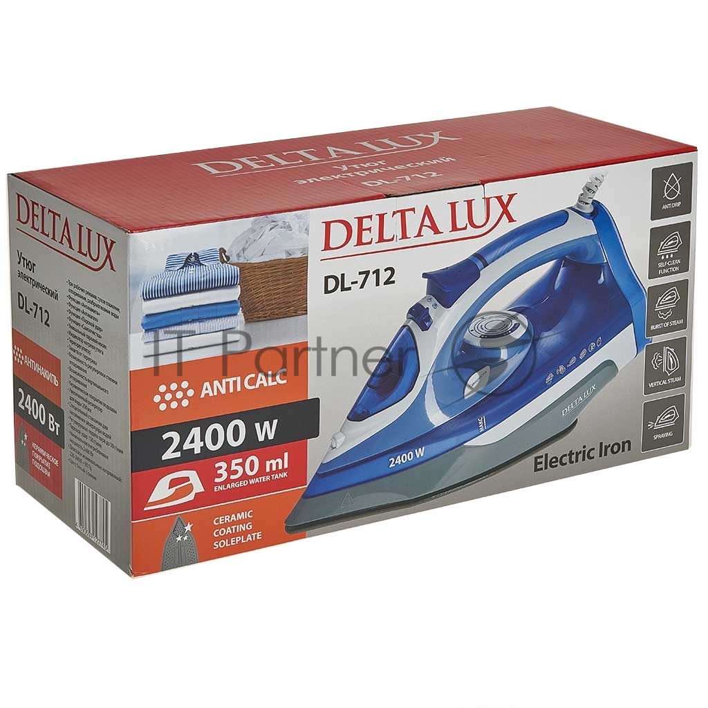 Утюг Delta LUX DL-712 белый с синим, 2400 Вт, 30 г/мин, 150 г/мин, 350 мл