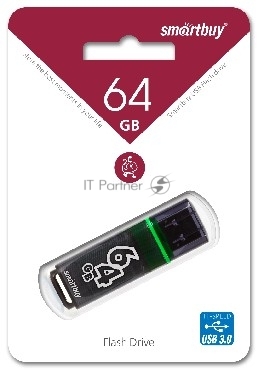 Флешка USB SmartBuy GLOSSY SERIES DARK GREY (SB64 GbGS-DG), 64Gb, USB 3.0, R/W 75/30, серый/зеленый