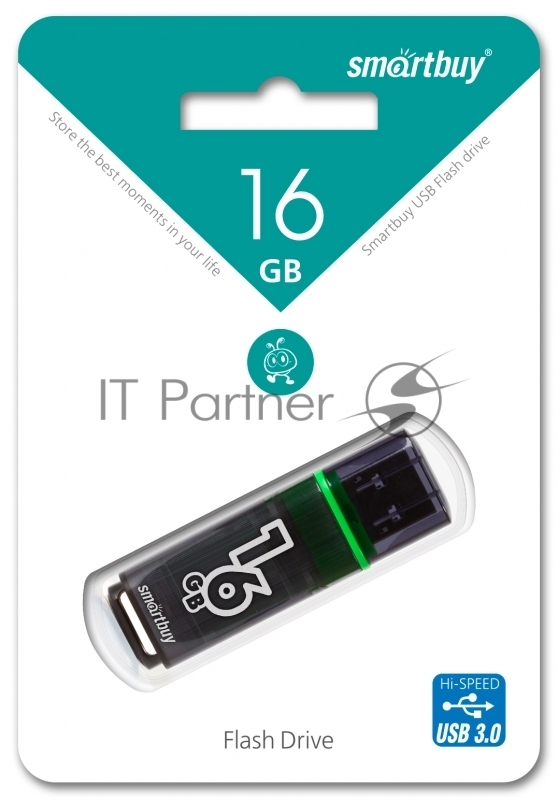Флешка USB Smartbuy Glossy series Dark Grey (SB16 GbGS-DG), 16Gb, USB 3.0, R/W 75/30, серый/зеленый