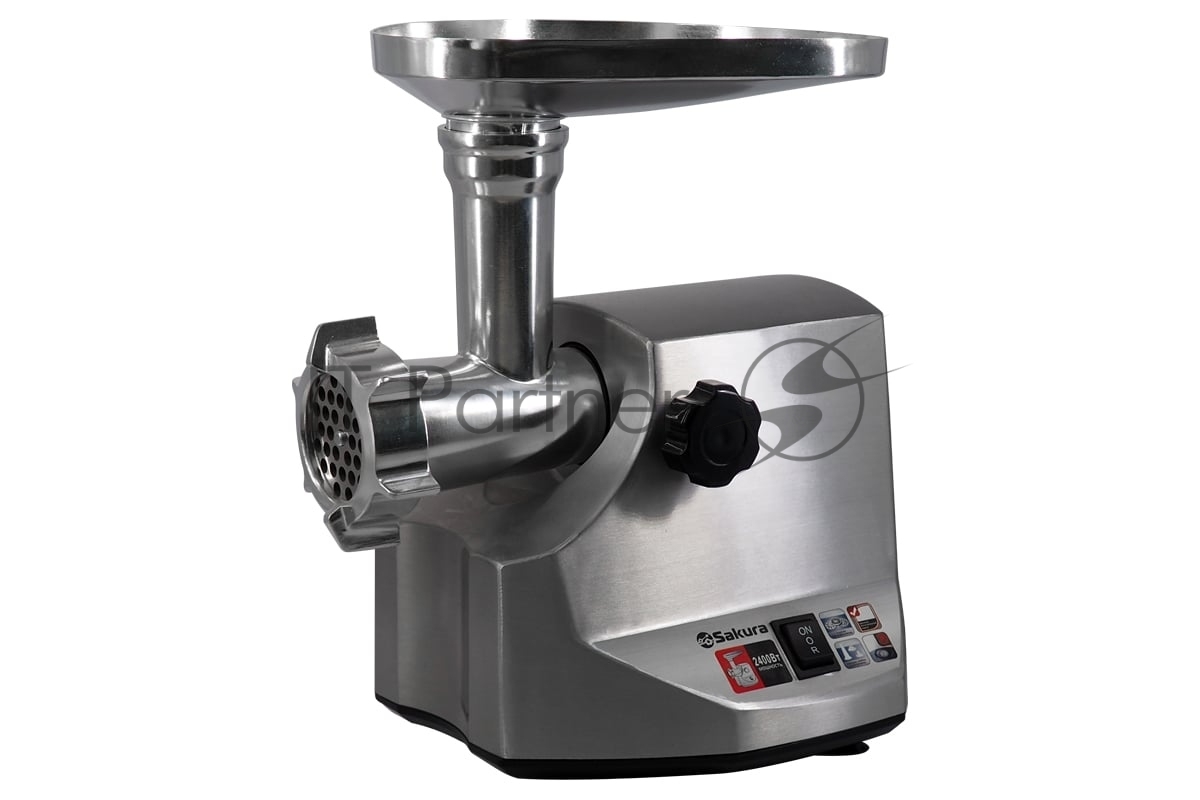 Мясорубка электрическая Sakura SA-6411 Professional серый, 2400 Вт, 2.5 кг/мин, реверс, защита от перегрузки, насадки - 5