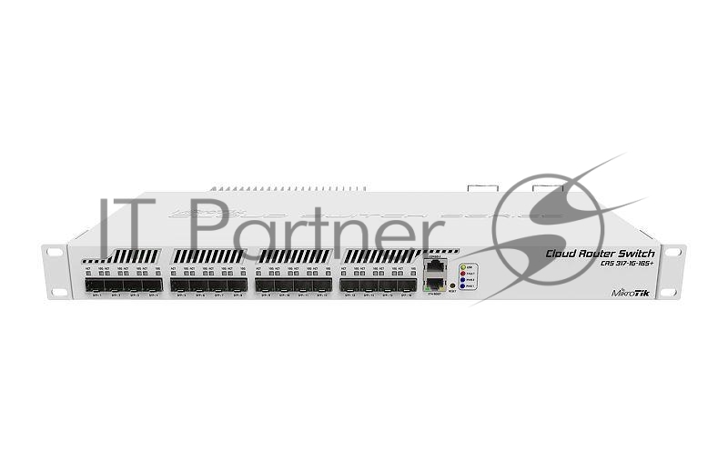 Коммутатор MikroTik Cloud Router Switch 317-1G-16S+RM with 800MHz CPU, 1GB RAM, 1xGigabit LAN, 16xSFP+ cages, RouterOS L6 or SwitchOS (dual boot), passive cooling 1U rackmount enclosure, Dual redundant PSU