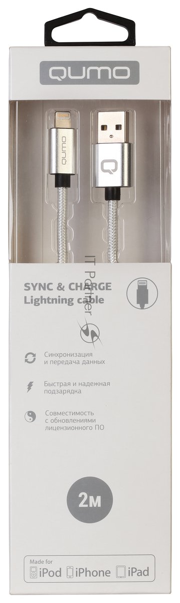 Кабель Qumo MFI, Type-С -Apple 8 pin, 1м, Type-C, 5В, 2,4А, 12W, нейлоновая оплетка, металлический коннектор, серебро