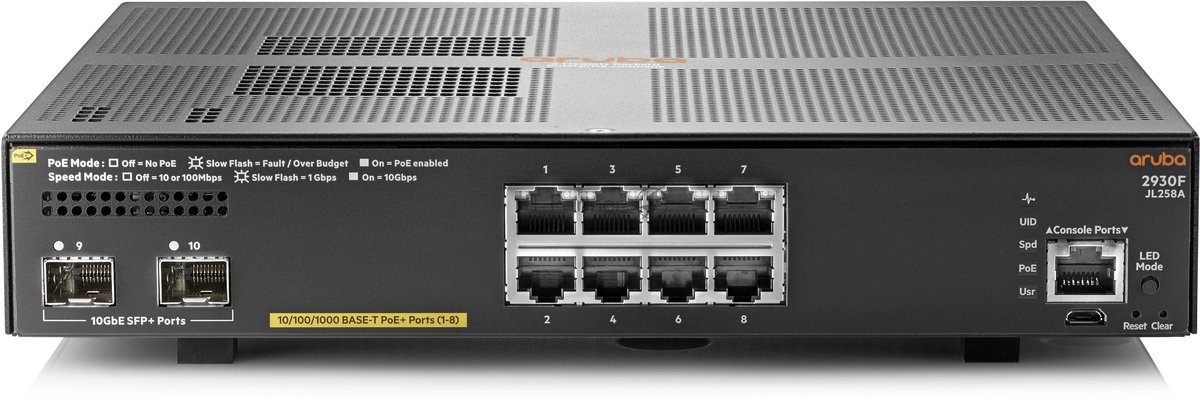 Коммутатор HPE Aruba 2930F 8G PoE+ 2SFP+, 8×1 Гбит/с PoE+ + 2×10 Гбит/с SFP+, управляемый