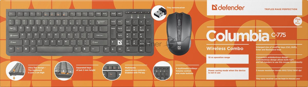 Комплект клавиатура+мышь Defender Columbia C-775 беспроводной, USB, 1600 DPI, чёрный