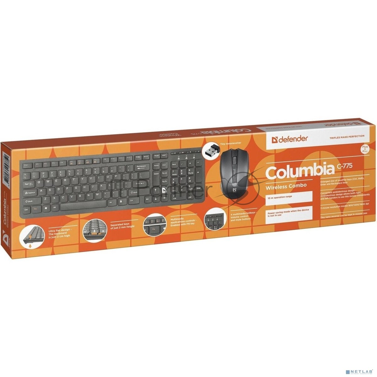 Комплект клавиатура+мышь Defender Columbia C-775 беспроводной, USB, 1600 DPI, чёрный