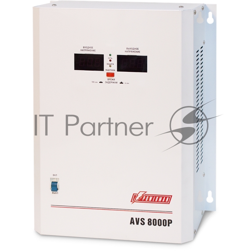 Стабилизатор POWERMAN AVS 8000P, ступенчатый регулятор, цифровые индикаторы уровней напряжения, 8000ВА, 110-260В, максимальный входной ток 50А, клеммная колодка, IP-20, навесной, 380мм х 310мм х 160мм, 14кг. Stabilizer POWERMAN AVS 8000P, step-type regulator, digital indicators of voltage levels, 8000VA, 110-260V, maximum input current 50A, terminal block, IP-20, hinged, 380mm x 310mm x 160mm, 14kg.