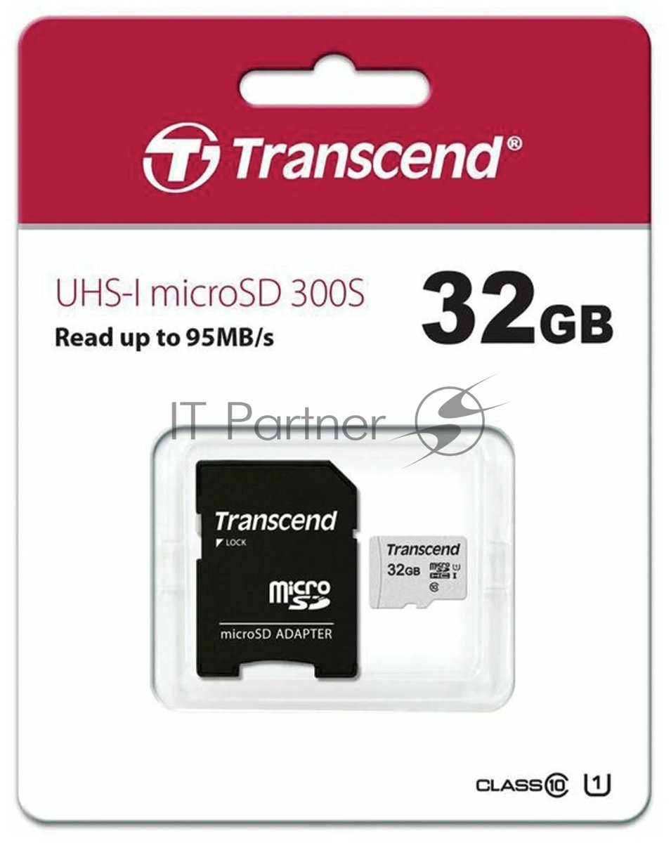 Карта памяти Transcend - 300S, microSDHC, write speed 25Mb/s, read speed 100Mb/s, UHS-I Class 1, Class 10, 32GB, microSD -> SD адаптер, TS32GUSD300S-A