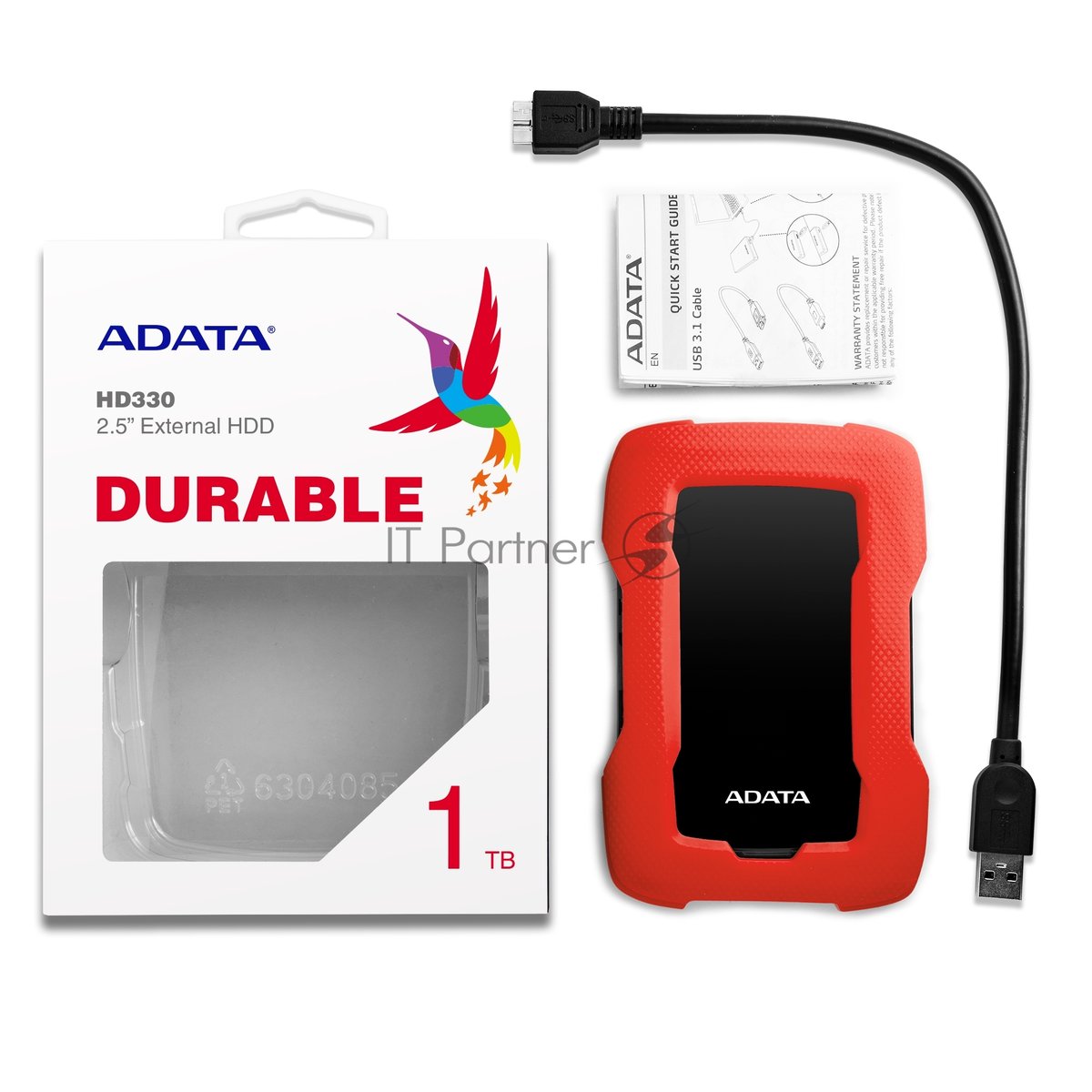 Внешний HDD 2.5" ADATA HD330, 1TB, USB 3.2 Gen 1 Type-A, 5400 rpm, красный