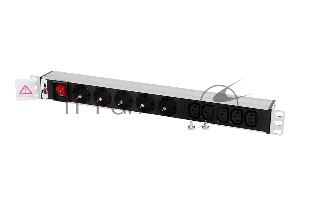 Блок розеток ЦМОRem-10 без шнура с выкл., 5 Schuko, 5 IEC 60320 C13, вход IEC 60320 C14, 10A, алюм., 19" (R-10-5S-5C13-V-440-Z)