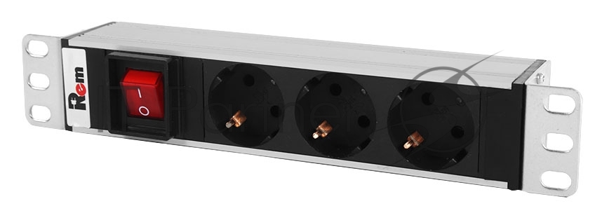 Блок розеток ЦМО Rem-10 без шнура с выкл., 3 Schuko, вход IEC 60320 C14, 10A, алюм., 10" (R-10-3S-V-220-Z)