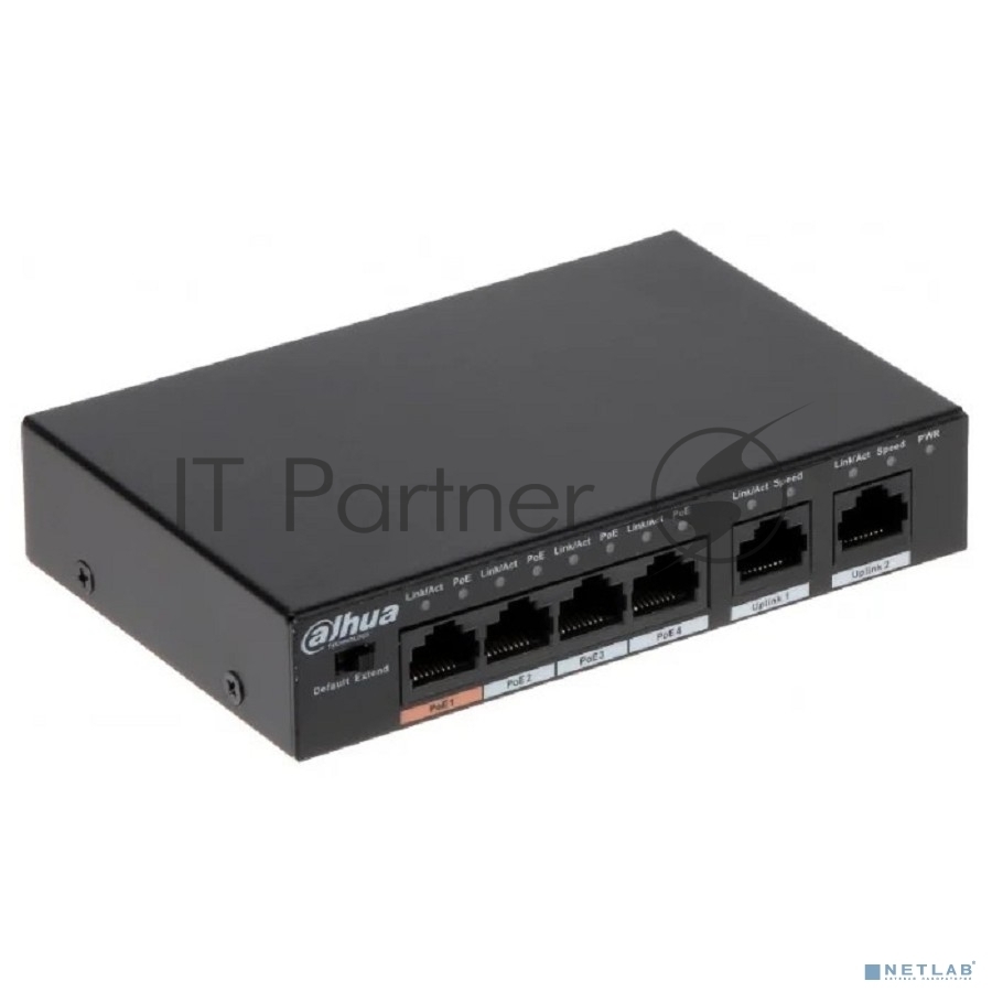 DAHUA DH-PFS3006-4ET-60 4-портовый неуправляемый коммутатор с РоЕ, 4xRJ45 100Mb PoE, 2xRJ45 100Mb uplink, суммарно 60Вт, коммутация 1.8 Гбит/с, MAC-таблица 2К, металл