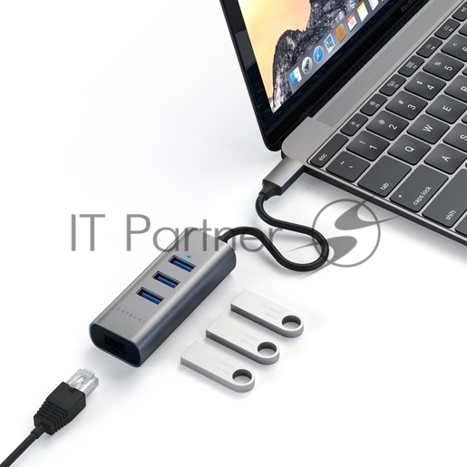 USB-хаб Satechi Type-C 2-in-1 USB 3.0 Aluminum 3 Port Hub and Ethernet Port. Интерфейс Type-C. Цвет серый космос.[ST-TC2N1USB31AM]