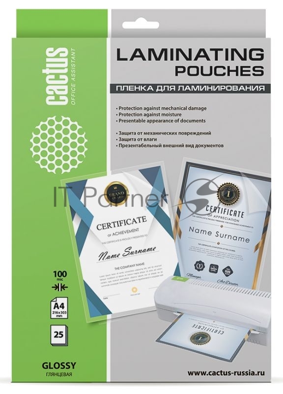 Пленка для ламинирования Cactus CS-LPGA410025, A4, 100 мкм, глянцевая, 25 шт