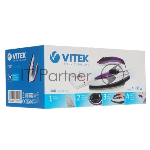 Утюг дорожный Vitek VT-8305 белый/фиолетовый, 1000 Вт, 30 г/мин, 45 г/мин, 70 мл