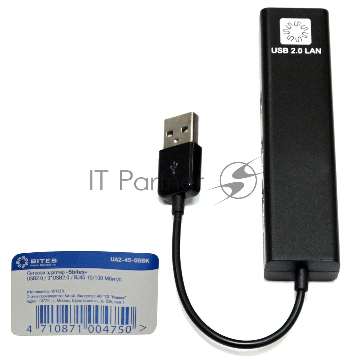 Адаптер USB 5bites UA2-45-06BK, USB 2.0 → RJ-45 + 3×USB 2.0
