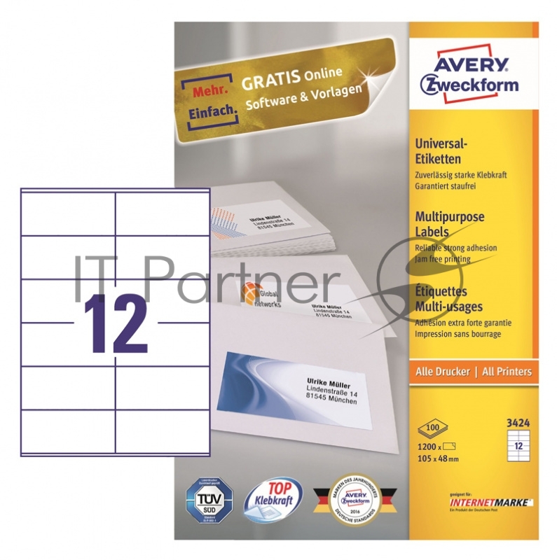 Этикетки самоклеящиеся Avery Zweckform 3424, A4, 105×48мм, 12 шт/лист, 70 г/м²