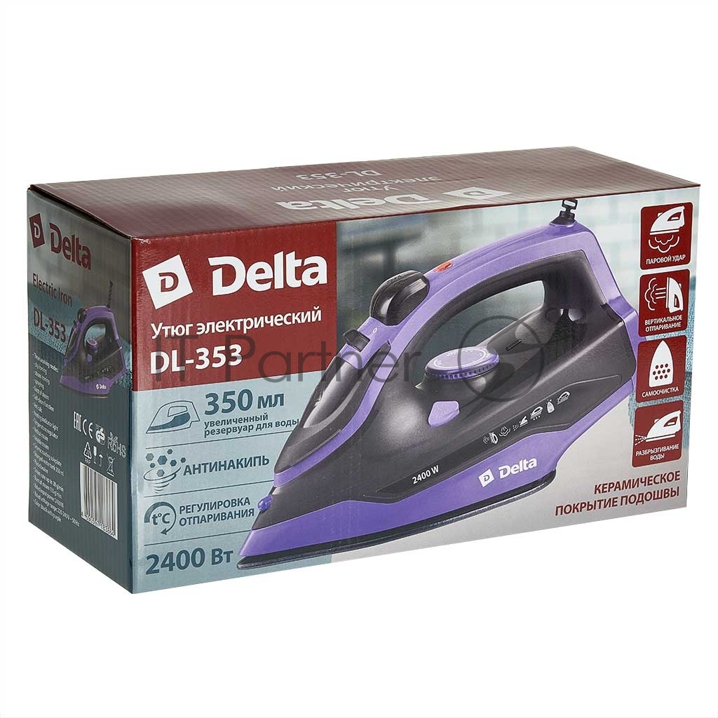 Утюг Delta DL-353 черный с фиолетовым, 2400 Вт, 28 г/мин, 135 г/мин, 350 мл