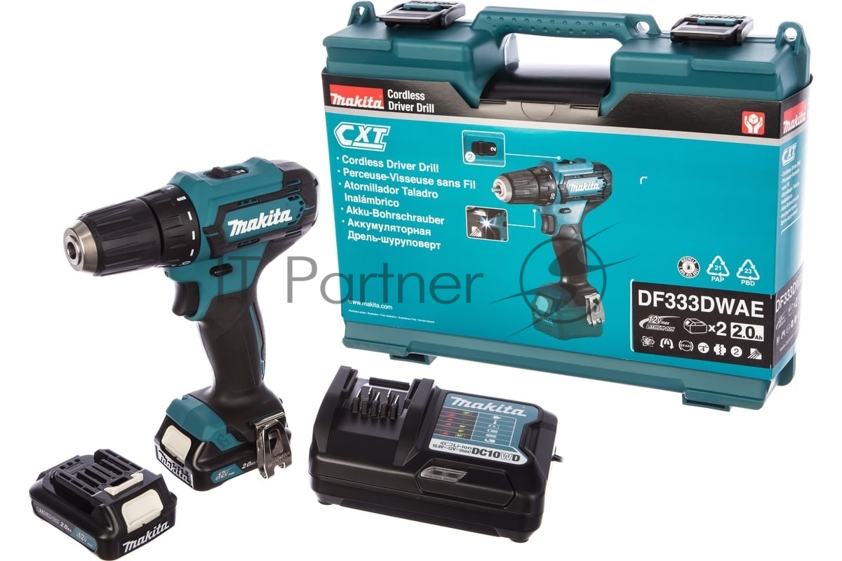 Дрель-шуруповёрт Makita DF333DWAE, 12 В, 2×2 А·ч, 30 Н·м