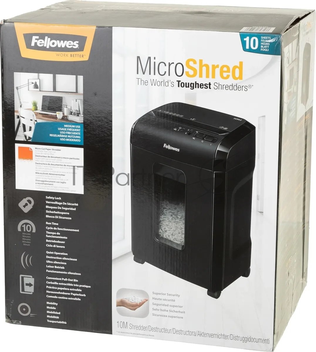 Шредер Fellowes Powershred 10M FS-4630601 DIN P-5, 2х15мм, 10лст., 19лтр., Safety Lock, с микрорезкой