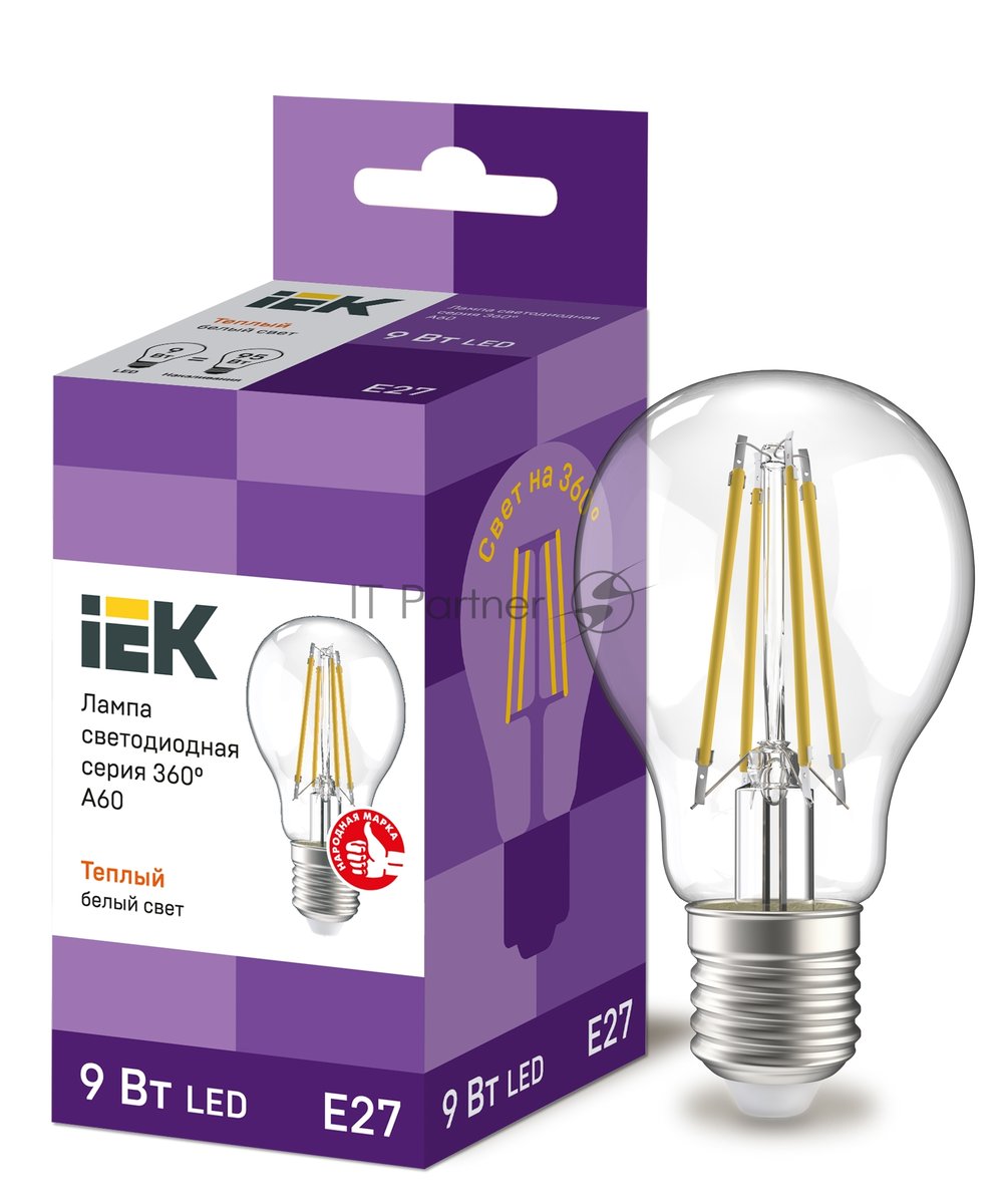 Лампа cветодиодная LED A60 IEK LLF-A60-9-230-30-E27-CL шар прозр. 9Вт 230В 3000К E27 серия 360°